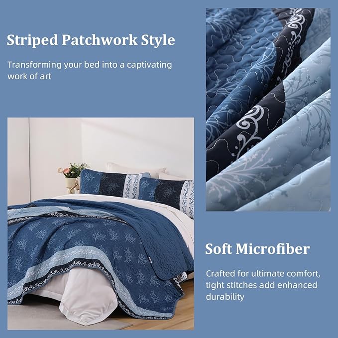 DJY Stripe Quilt Set Queen Size Blue Bedspread Coverlet Set 3 Pieces Boho - Image 7