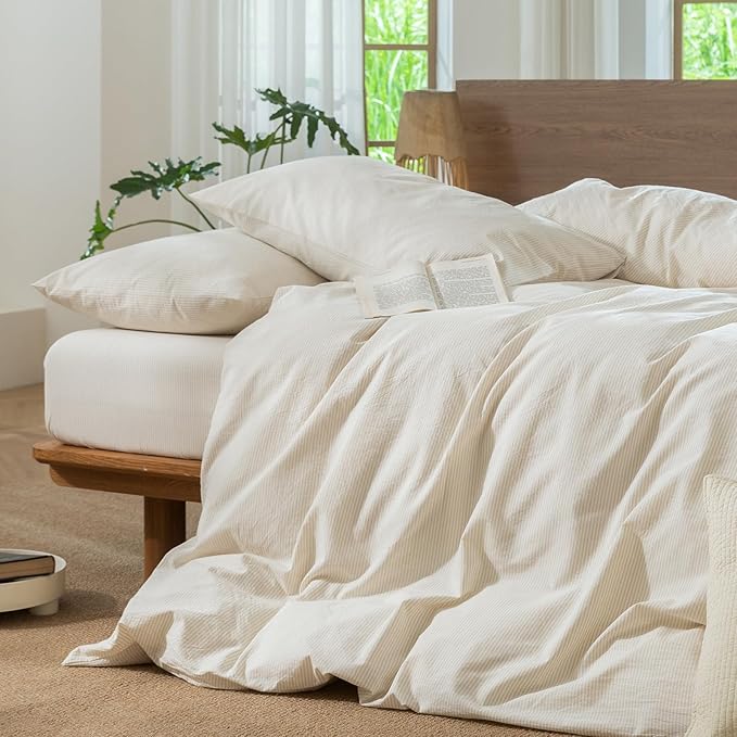 MooMee Striped Duvet Cover Set 100% Washed Cotton Linen Like Textured - Image 5