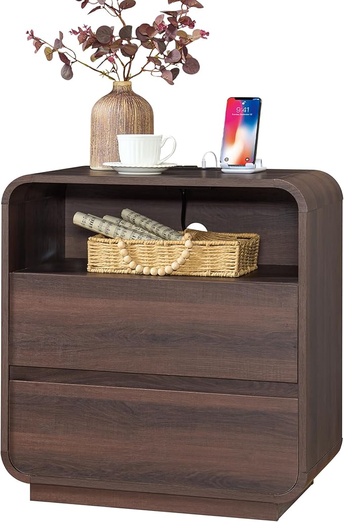 Modern Walnut Nightstand, 2 Storage Drawers Side Table Curved Profile, by StandifurnoFurniture
