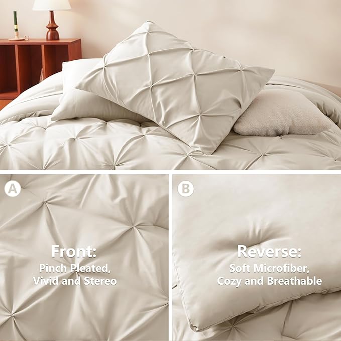 CozyLux Oversized King Comforter Sets Beige, 7 Pieces Oversized King Pintuck - Image 3