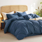 Wake In Cloud - Cotton Duvet Cover Set, Full Size, Dark Navy Blue, 100% Washed - Image 3