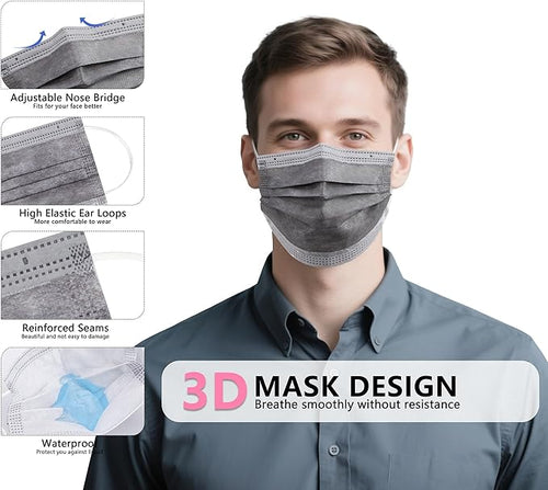 akgk 100PCS Grey Disposable Face Masks, 3-Ply Breathable Grey Face Mask - Image 2