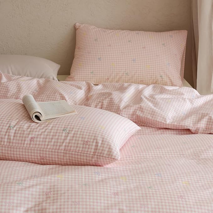 mixinni Gingham Duvet Cover Twin XL Size, 100% Cotton Light Pink and White - Image 5