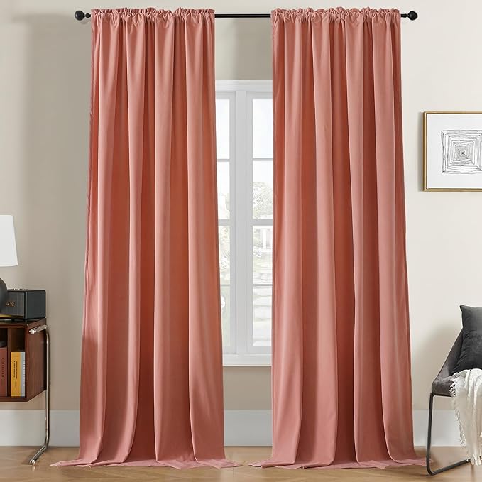 Joydeco Pink Velvet Curtains 96 inch Length 2 Panels, Luxury Blackout Rod by JOYDECO