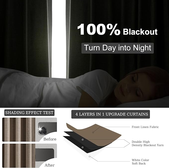 Topfinel Taupe Burlap Linen Blackout Curtains & Drapes 84 Inch Length 2 Panels - Image 2