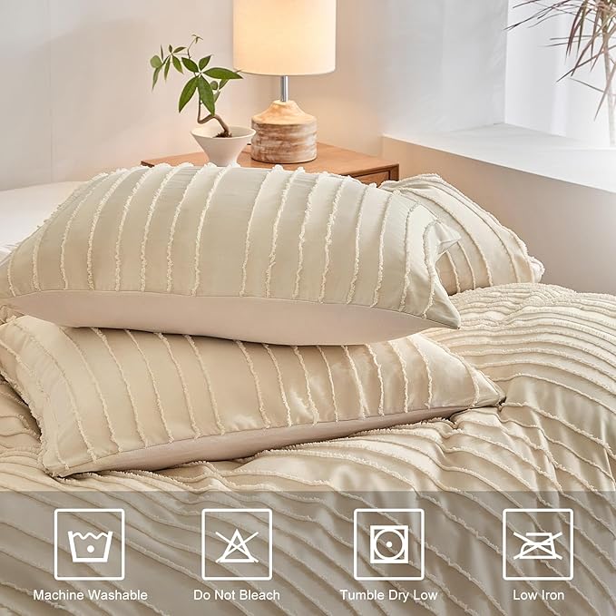 WARMDERN Khaki Boho Duvet Cover Twin Size, Striped Textured Duvet Cover Tufted - Image 4