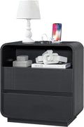 Black Nightstand with Charging Station, Modern End Table with 2 Storage Drawers by StandifurnoFurniture