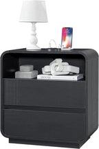 Black Nightstand with Charging Station, Modern End Table with 2 Storage Drawers by StandifurnoFurniture