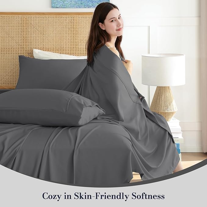 Full Sheet Set 4 Piece, Wrinkle Free, Oeko-Tex Certified Bedsheets，Dark Grey - Image 2