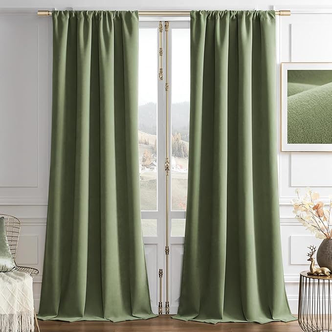 Joydeco Coconut Green Velvet Curtains 108 Inches 2 Panels, Luxury Thermal by JOYDECO