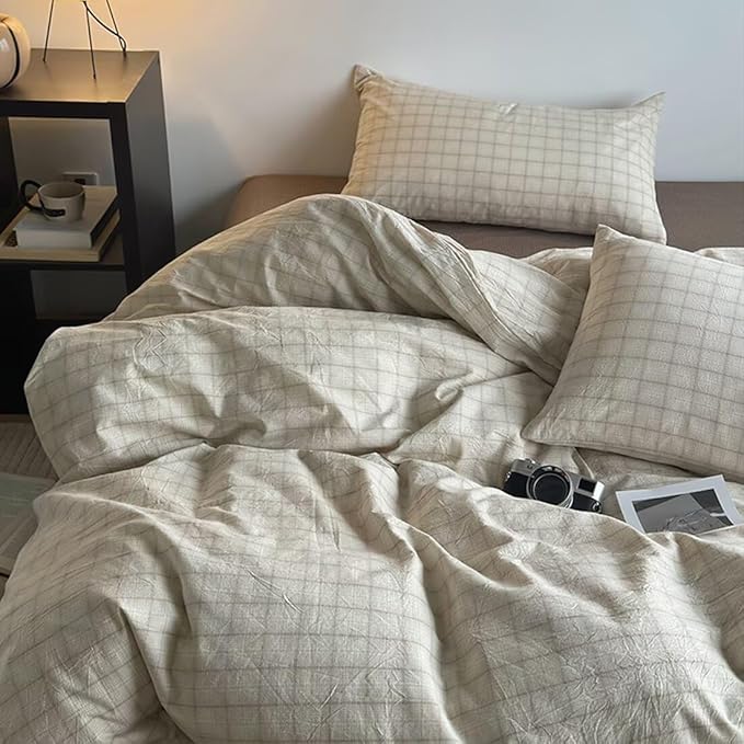 PinkMemory Beige Gingham Duvet Cover Bedding Queen 100% Washed Cotton Vintage - Image 2