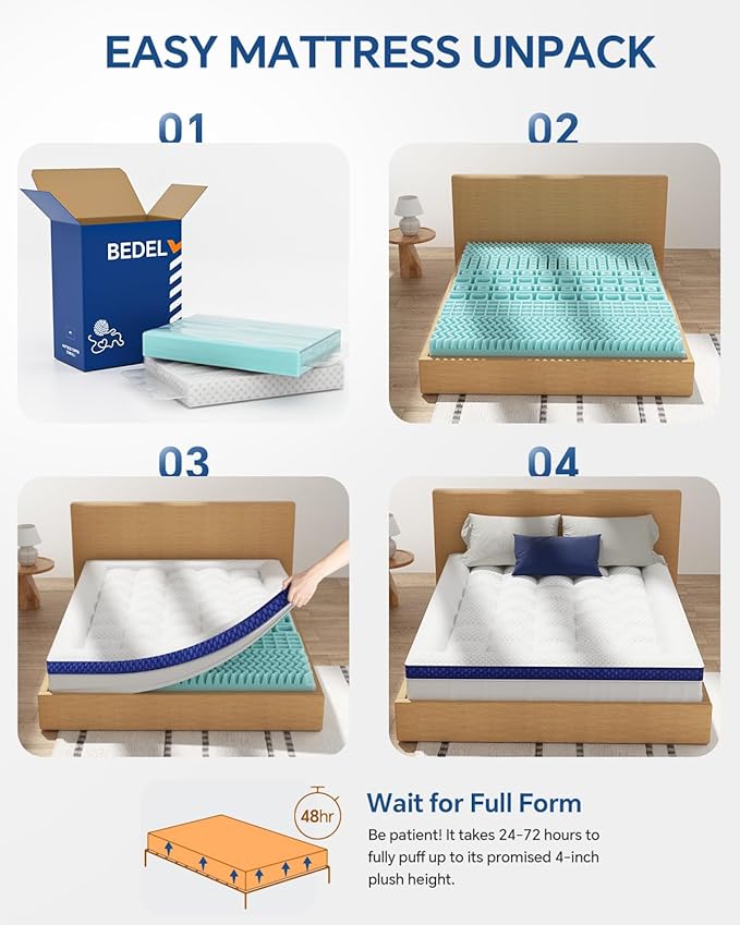 BEDELITE Full Mattress Topper Dual Layer 4 Inch Memory Foam Mattress Topper - Image 6