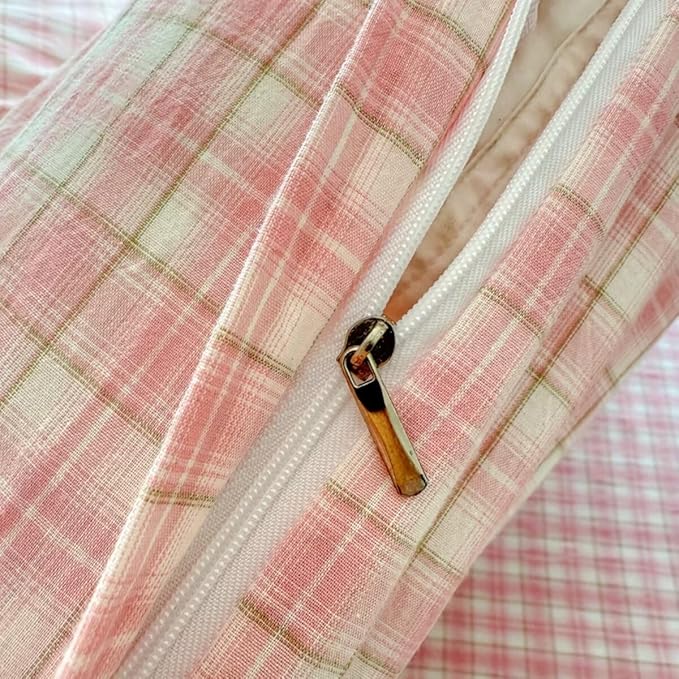 PinkMemory Pink Gingham Plaid Duvet Cover Set Queen 100% Washed Cotton Cute - Image 7