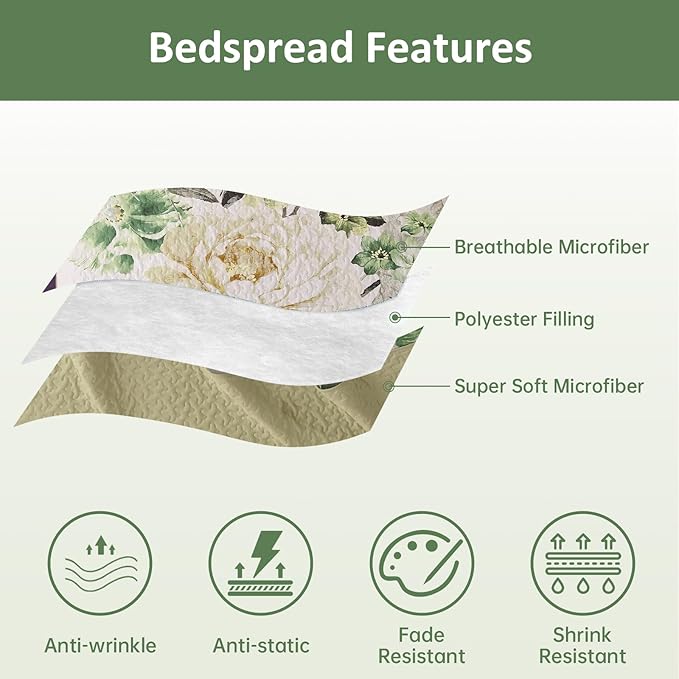 WONGS BEDDING Green Floral Quilt Set King, 3 Pieces Reversible Lightweight - Image 6