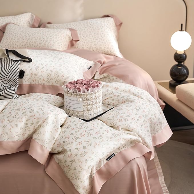 mixinni Pink White Floral Duvet Cover Twin XL Size Green Leaves Cute Flower - Image 5