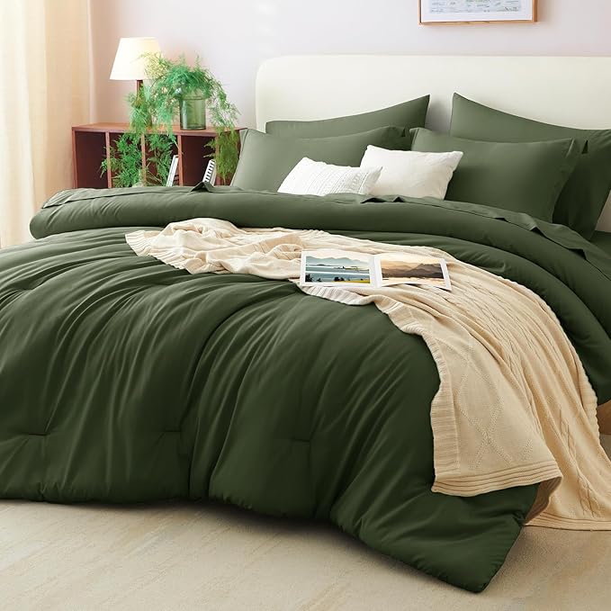 CozyLux Queen Comforter Set Olive Green, 7 Pieces Bed in a Bag Queen Comforter by CozyLux