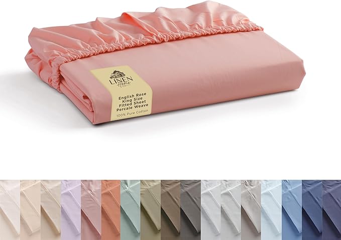 Linen Home 100% Cotton Percale Weave Fitted Sheet, King Size, English Rose by LINENHOME