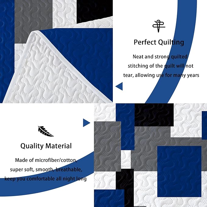 Tyrot 3 Piece Blue White Grey Quilt Set Full/Queen Size Black White Geometric - Image 4