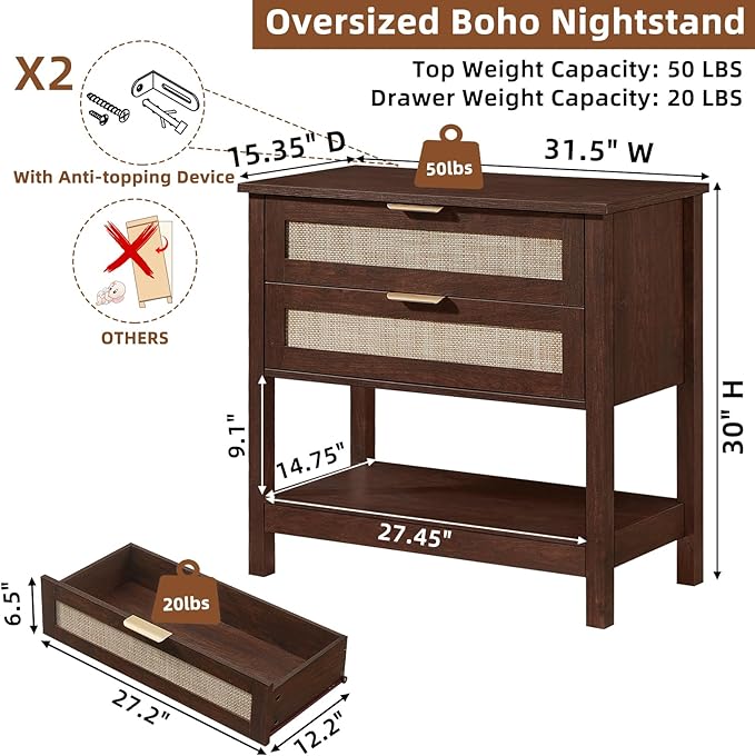 LEYAOYAO 31.5" Wide Rattan Night Stand, Large Boho Nightstand, Bedside Table - Image 2