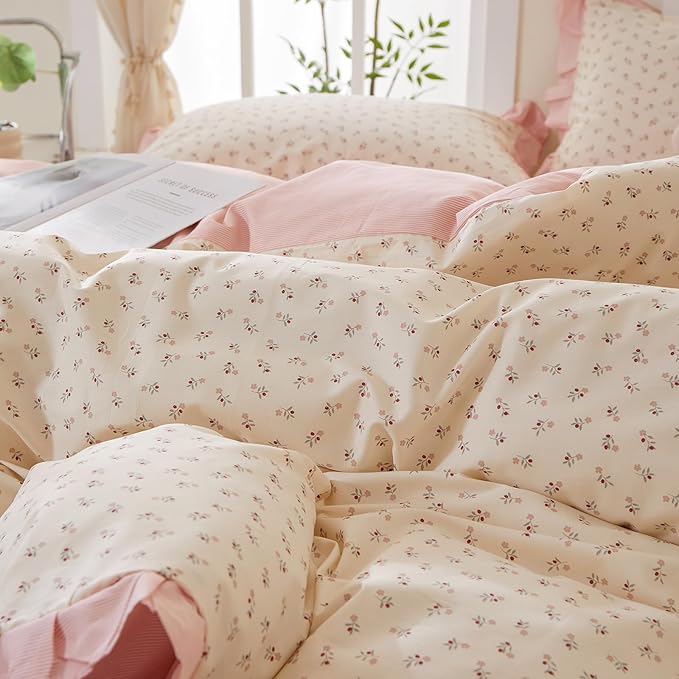 mixinni Pink Floral Duvet Cover Set Twin Size – 100% Cotton Ruffle Lace Bedding - Image 8