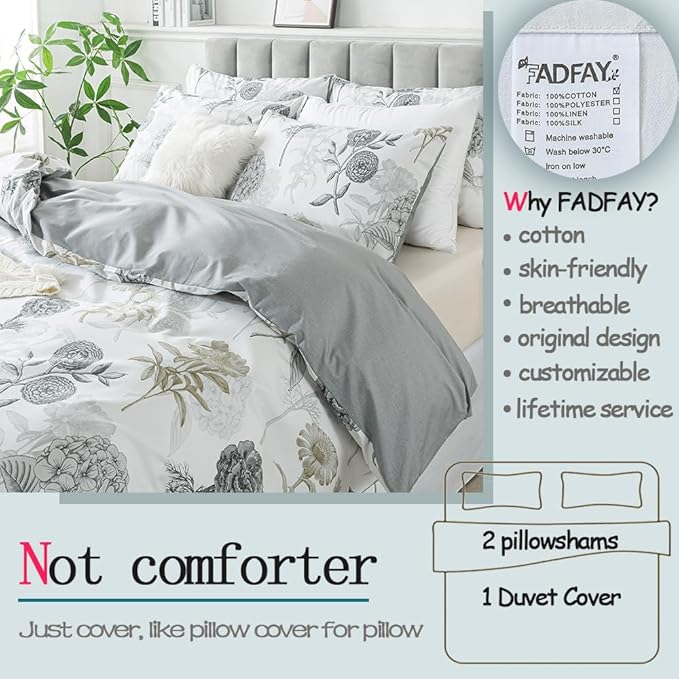 FADFAY Floral Duvet Cover Sets Queen Size 100% Cotton Ink Grey Vintage Flower - Image 2