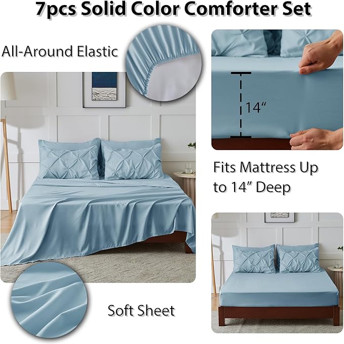 CozyLux Full Size Comforter Sets Light Blue, 7 Pieces Pintuck Bed in A Bag Blue - Image 6