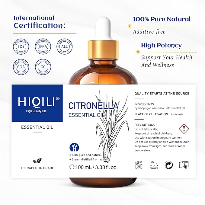 HIQILI 100ML Citronella Oil for Homemade Sprays, Add to Diffuser, 100% Pure and - Image 8