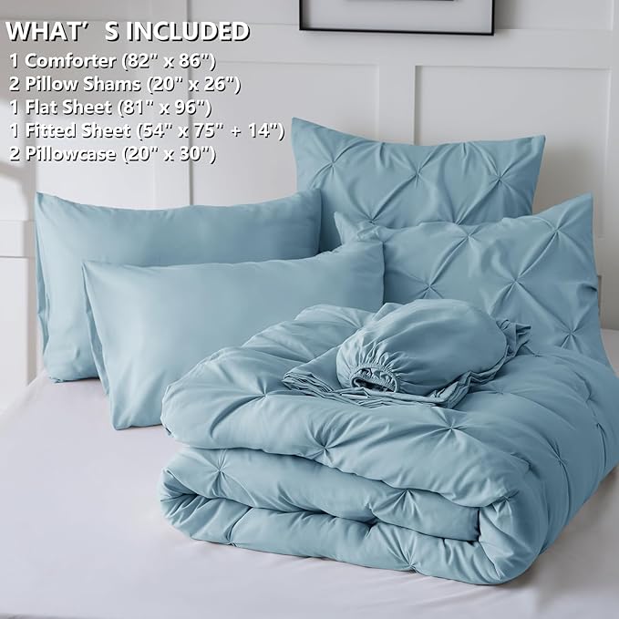 CozyLux Full Size Comforter Sets Light Blue, 7 Pieces Pintuck Bed in A Bag Blue - Image 7
