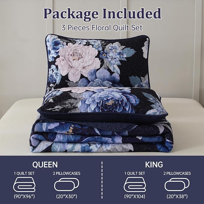WONGS BEDDING Navy Boho Floral Quilt Set Queen, Elegant Blue Flower Bedspread - Image 8