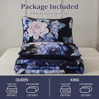 WONGS BEDDING Navy Boho Floral Quilt Set King, 3 Pieces Elegant Blue Flower - Image 8