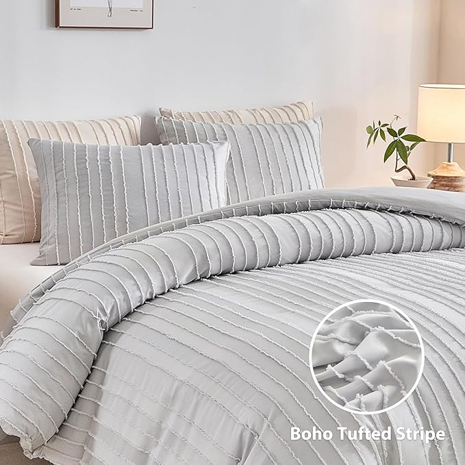WARMDERN Light Grey Striped Duvet Cover Set, Boho Textured Tufted Bedding - Image 2