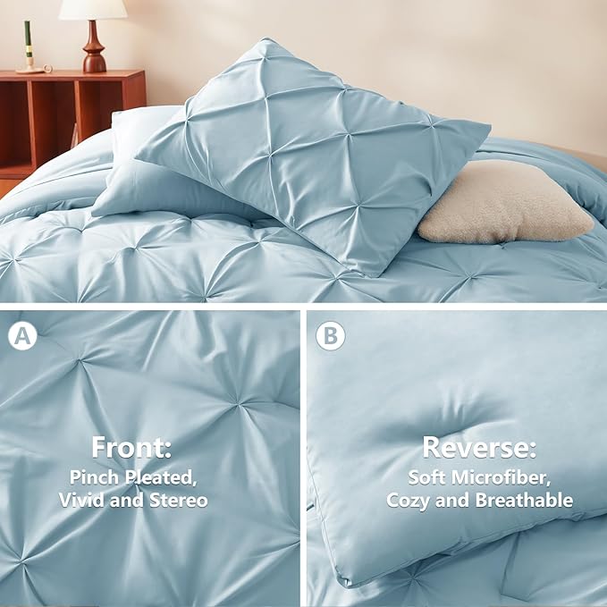 CozyLux King Size Comforter Set Light Blue, 7 Pieces Pintuck Bed in A Bag Blue - Image 3