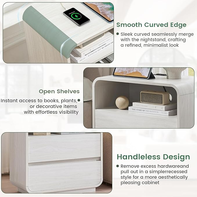 White Nightstand Set of 2 with Charging Station, 23.2" Wide Wood Bedside Table - Image 7