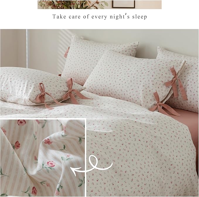 mixinni White Flower Pattern Duvet Cover King Pink Floral Stripes Duvet Cover - Image 7
