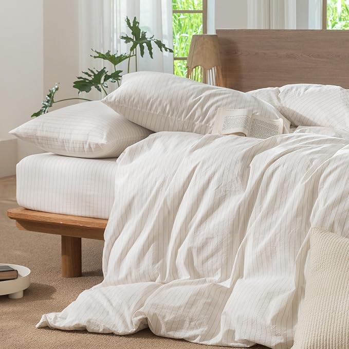 MooMee Striped Duvet Cover Set 100% Washed Cotton Linen Like Textured - Image 5