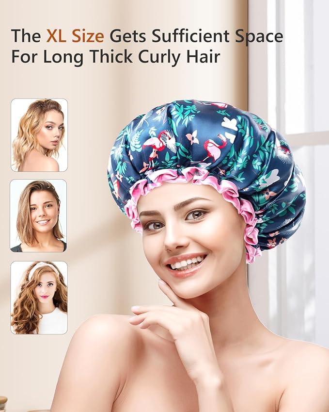 mikimini Large Shower Cap for Women Long Hair, Flamingo Shower Caps - Image 5