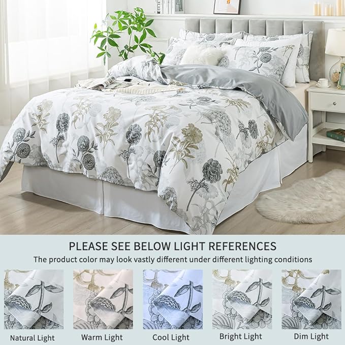 FADFAY Floral Duvet Cover Sets Twin Size 100% Cotton Ink Grey Vintage Flower - Image 5