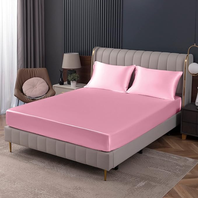 Homiest Pink Satin Fitted Sheet King Size, Deep Pocket, Luxury & Ultra Soft by Homiest