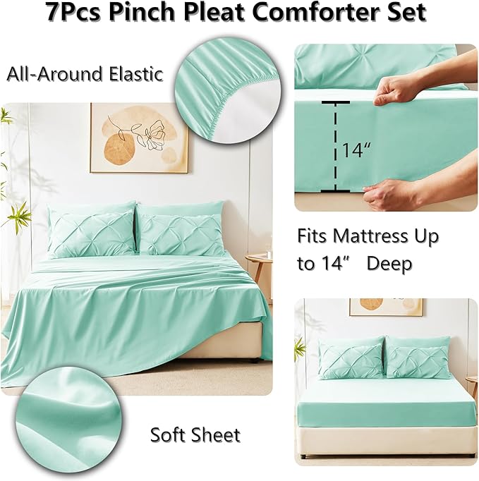 CozyLux Full Size Comforter Sets Mint Green, 7 Pieces Pintuck Bed in A Bag - Image 6