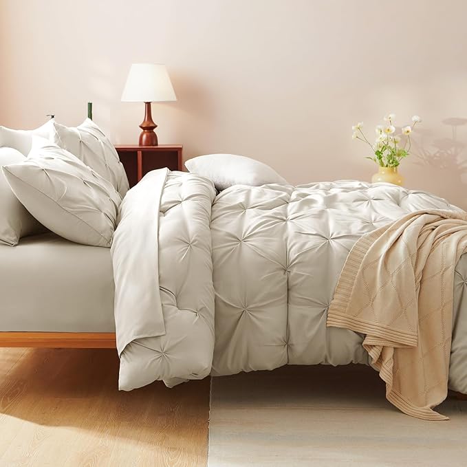 CozyLux Queen Comforter Set Oatmeal, 7 Pieces Pintuck Bed in A Bag, Premium - Image 9