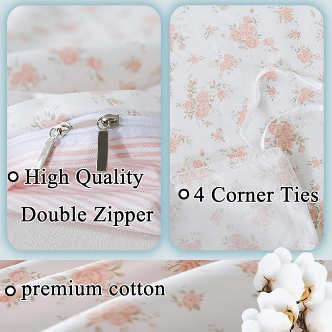 FADFAY Queen Duvet Cover Set Pink Floral Comforter Cover 100% Cotton Girls Pink - Image 3