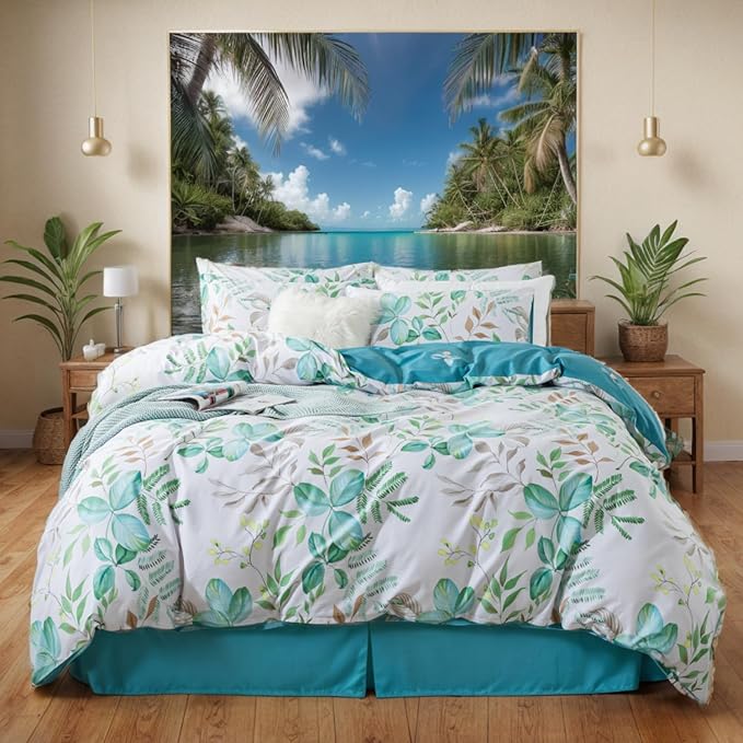 FADFAY Botanical Duvet Cover Set Twin XL 100% Cotton College Bedding Teal Green - Image 8