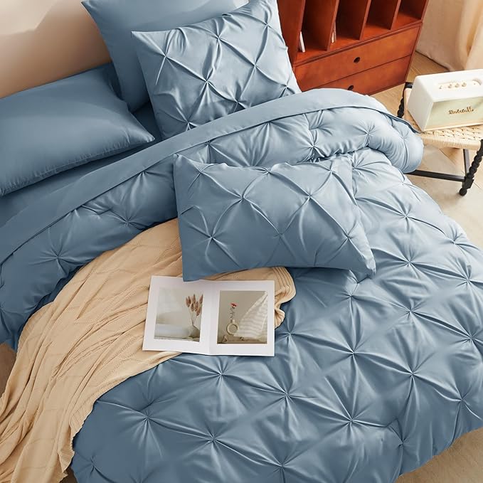 CozyLux Queen Comforter Set Mineral Blue, 7 Pieces Pintuck Bed in A Bag - Image 4