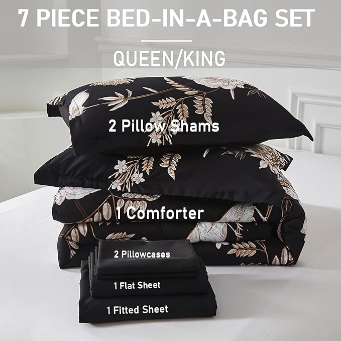 Yogeneg 7 Piece Bed in a Bag Queen Comforter Set Botanical Floral Bedding Set - Image 6