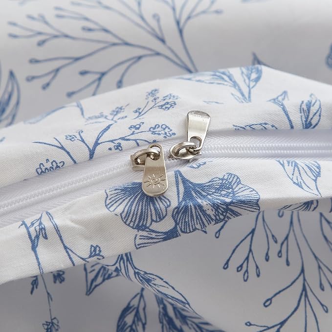 mixinni Small Floral Print Duvet Cover Queen Blue Flower Leaf Duvet Cover Set - Image 5