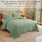 Brandream Luxury King Quilt Set Cotton Sage Green Floral Vine Stitching - Image 4