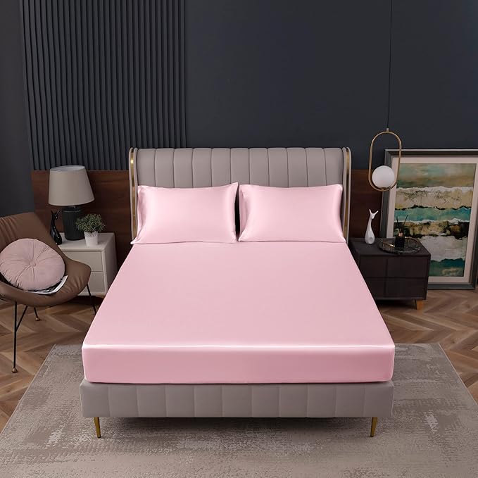 Homiest Blush Pink Satin Fitted Sheet Queen Size, Deep Pocket, Luxury & Ultra - Image 2