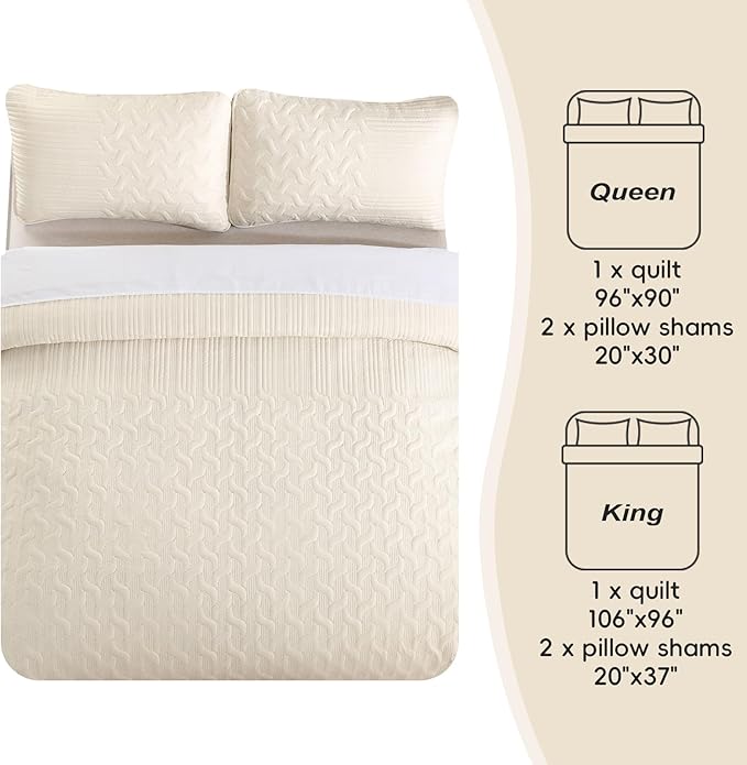 Yiran Beige Quilt Set King Size Lightweight Bedspread Ultrasonic Wave Pattern - Image 8