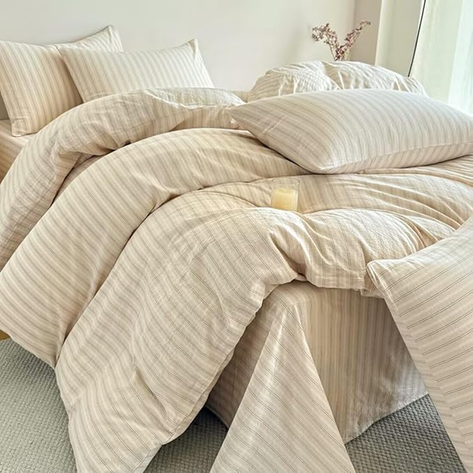 PinkMemory Beige Striped Duvet Cover Set Queen 100% Washed Cotton Beige Wide - Image 2