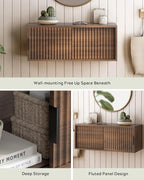 Floating Nightstand with Sliding Doors, Modern Fluted Large Night Stand Storage - Image 4